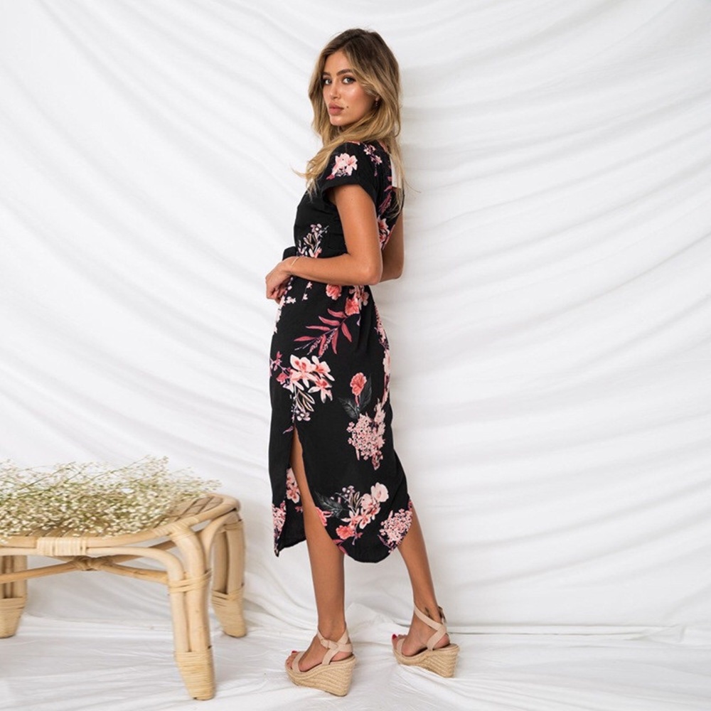 Floral Short Sleeve O-Neck Midi High/Low Side Hem - Picture 3 of 8